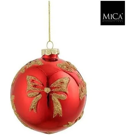 Sfera natalizia in vetro rossa con fiocco oro Ø12 cm