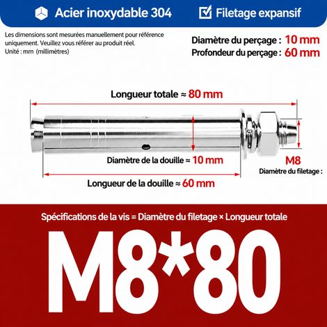 Goujon d'ancrage à expansion M8 x 80 mm en acier inoxydable 304 lot de 5 pièces m8 80 5 pièces 1 kg – Livraison gratuite