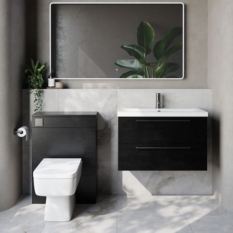 Napoli 390 Cento Nero Oak 1400mm Wall Mounted 2 Drawer Vanity Unit and Toilet Suite with Glide Basin - 1400mm - Gunmetal Grey 480mm HandleWith Kingston Toilet Pan and Seat