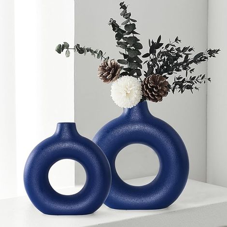 Juego de 2 jarrones de cerámica azul con forma de dona, huecos, redondos, mate, boda, fiesta, sala de comedor, mesa de comedor (azul) (1/5)