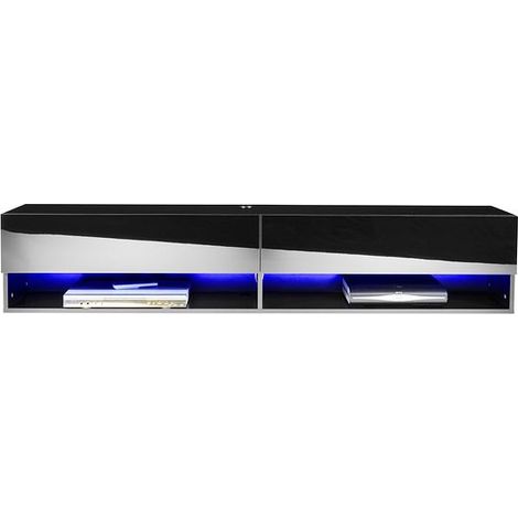 Modern Black Gloss and Matt Floating Wall Mounted TV Cabinet with LED lights 140cm wide x 29cm deep x 29cm tall (1/5)