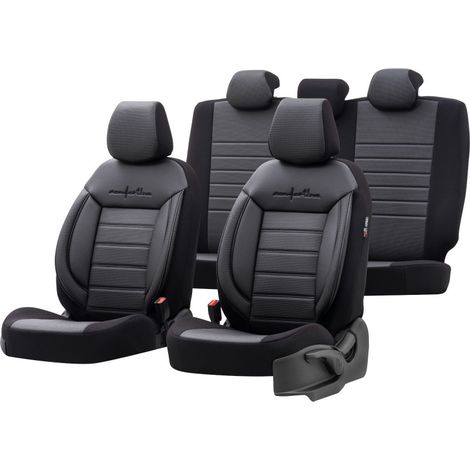 Komplettset Luxus-Sitzbezüge OTOM, Textil mit Kunstleder, COMFORT LINE‑Design – Schwarz mit schwarzer Naht, für Vorder- und Rück