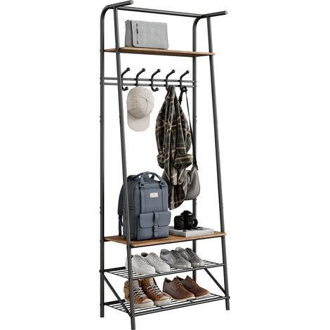 Garderobenständer – Einreihige Haken, Breite 60 cm – Schmale Bauweise, bis 160 kg Tragkraft – Schuhbank, Sitzbank – Metallrahmen, Holzoptik – Für Flur, Schlafzimmer