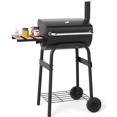 COSTWAY Barbecue Charbon de Bois avec Grille de Cuisson, Chariot de Barbecue Portable d'Extérieur avec Table Latérale Rabattable, Thermostat, Étagère et 2 Roues pour Jardin, Terrasse, Fête (1/5)