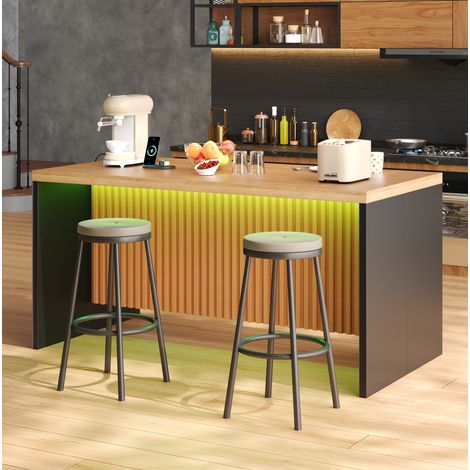 Isla de cocina 155 x 80 x 90 cm, LED, 2 enchufes, 2 USB, MDF, negro y natural OKMYHOME (1/5)