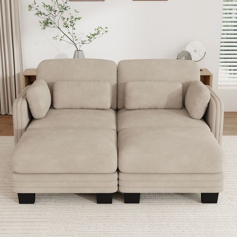 Sofá panorámico de 2 plazas tapizado en chenilla, sofá cama modular en U con 2 pufs y cojines lumbares, para salón y apartamento, beige (1/5)