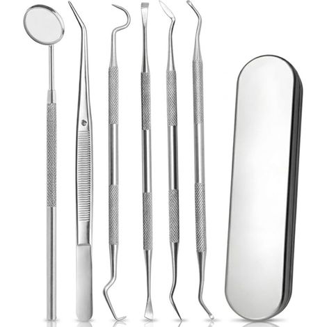 6 pièces Détartreur Dentaire, Kit d'Instruments Dentaires en Acier Inoxydable, Miroir Dentaire, Pince et Sonde Dentaires, Appareil Détartrage Dentaire, Dents (1/5)