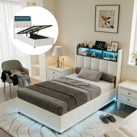 Lit coffre simple 90x200cm, Lit enfant 90x200 avec rangement et Tete de lit rangement, Cadre de lit 90x200 avec sommier à lattes, Velours Beige, sans Matelas (1/5)