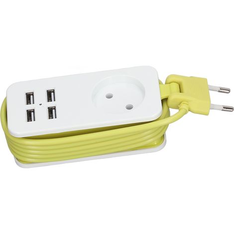 Multiprise avec prise européenne 1200 W 10 A, résistante au feu, adaptateur secteur européen avec 4 ports USB pour smartphones et tablettes, 250 V, blanc/vert (1/5)