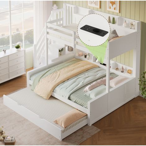 MODFU – Litera 90x200 y 140x200 cm con cama nido de MDF y pino con USB, compartimentos, estantes y 5 paquetes – Blanco (1/5)