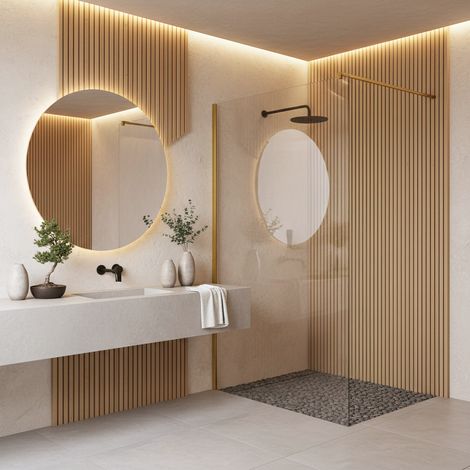 REA – Paroi de douche walk-in 120 cm – Verre trempé 8 mm – Profil en aluminium or brossé – Traitement Easy Clean – Montage réversible (1/5)