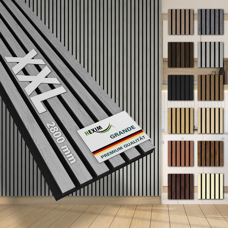 HEXIM Akustikpaneele 280x30cm Wandpaneele Grande Lamellen 0,85m² XXL Holzpaneel Wand 21mm Holz Filz: Grey Oak, 1 Paneel - 0.854m² (1/5)