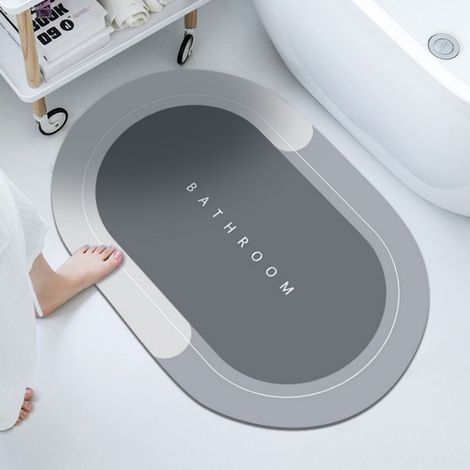 1 tapis absorbant pour salle de bain - Tapis de bain ovale bleu - 40 x 60 cm - Boue de diatomées, gris clair (1/5)