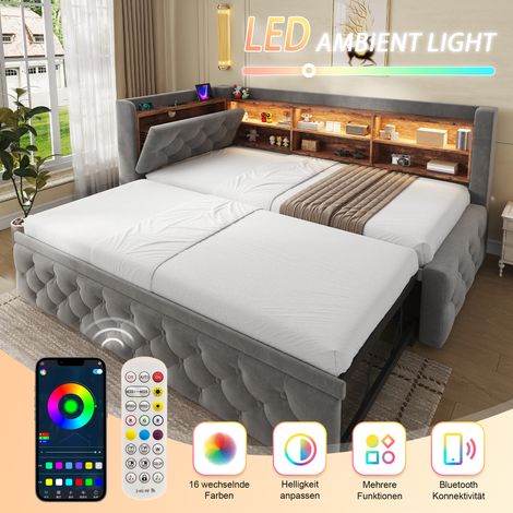 Canapé-lit extensible 90x190 cm, gris velours foncé, canapé avec accoudoir rangement, tête de lit en bois, éclairage LED, ports USB et Type-C, sommier à lattes, salon et chambre d'amis. (1/5)