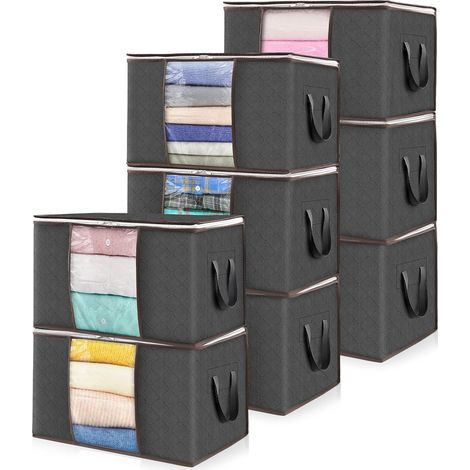 Sac de Rangement Vetement, Boite Rangement Pliable, Rangement Sous Lit, Housse Rangement Couette pour Vêtements, Couvertures, Demenagement, Gris, 50 L, Lot de 8