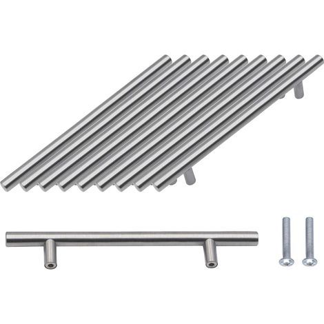 Poignée de Barre en T, Paquet de 10 Poignées de Porte D'armoire Brossées Matériel Acier Inoxydable pour Armoires de Cuisine Poignée de Tirage Centres de Trous 128 mm Argent (1/5)