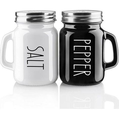 Salière Poivrière - Verre Sans Plomb + Couvercle Acier Inoxydable - Design Ferme Moderne - 113 g - Noir Blanc - Lot de 2 (1/4)