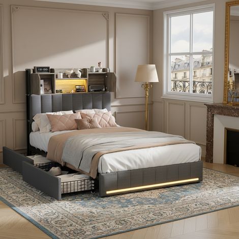 Lit 90x200 cm avec 4 tiroirs , lit capitonné, tête de lit avec rangement et station de recharge, éclairage LED intelligent, tissu de lin - gris (1/5)