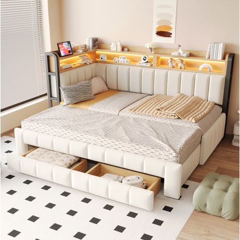 Canapé-lit extensible 90 x 200 cm avec LED, USB et rangements en velours beige HAVRYA (1/5)