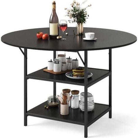 Table à manger ronde 120 cm en bois marron et métal noir avec 2 étagères ouvertes et pieds antidérapants pour cuisine et salon (1/5)