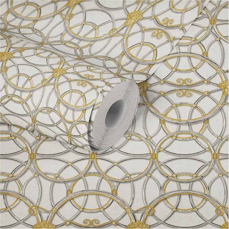 Papier peint art déco beige crème gris & doré Tapisserie motif rond avec Médusa pour chambre adulte Papiers peints dorés salon (1/5)