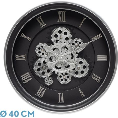Orologio da parete CHERCOS nero argento 40x40x7 cm con ingranaggi con movimento