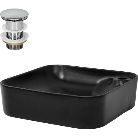 ML-Design Lavabo Cuadrado Ovalado 430x430x120 mm Negro de Cerámica Mate Fregadero para Pared o Sobre Encimera con Juego de Desagüe Cromado Lavamanos Diseño Moderno Aseo Baño con Agujero para Grifo (1/5)