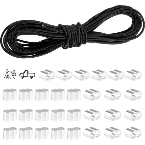 Cordon Elastique 6mm 20m Kit 30 Boucle en Aluminium en Forme de 8 Sandow pour Bâche Camping Tente, Corde Elastique pour Camping Sac à Dos, DIY, Noir (1/5)