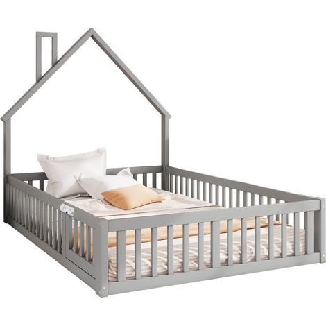 Hausbett 140 × 190 cm, 2 Plätze mit Sicherheitsgitter und Schornsteinform, ohne Matratze, Grau (1/5)