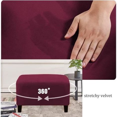 Housses de Pouf Extensibles, Housse ottomane en Velours Housse de Repose-Pieds Rectangle Housse de Protection,Rouge vin (1/4)