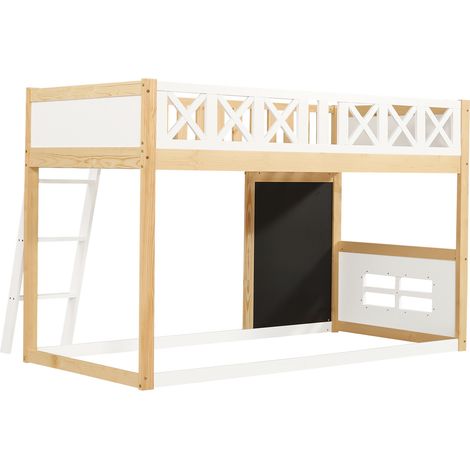 Kinder-Hochbett 90x200 cm aus Kiefer und MDF in Weiß/Natur mit Tafel und Stauraum (1/5)