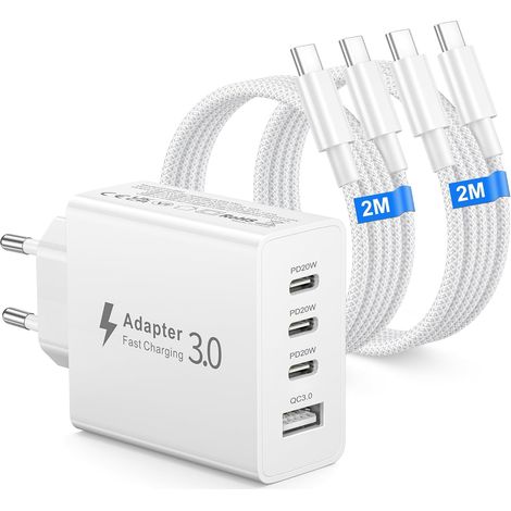 Chargeur USB C, 50W 4 Port Prise Chargeur Rapide USB C avec 2 Câbles USB-C 2M, Multiple Secteur Double PD+QC 3.1A pour 17 16 15 14 13 12 11 Pro Max X XS XR 8 7 Plus Mini SE, iPad (1/5)