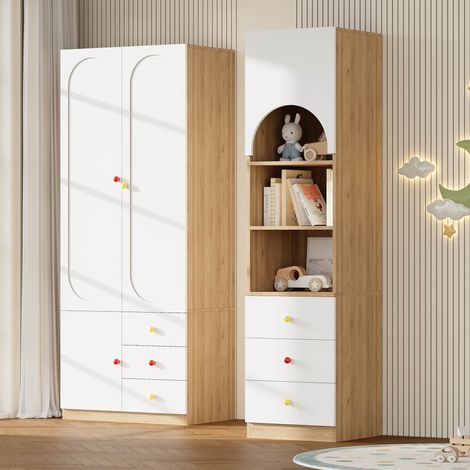 Ensemble Armoire avec étagère de rangement 2 portes 80×45×200 cm et 50×50×200 cm Meubles de chambre Aspect bois et blanc