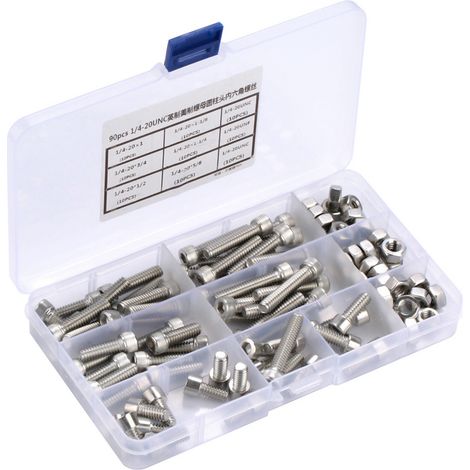 Kit de 90 vis à tête cylindrique hexagonale creuse 1/4-20UNC en inox, assortiment de boulons à six pans (1/5)