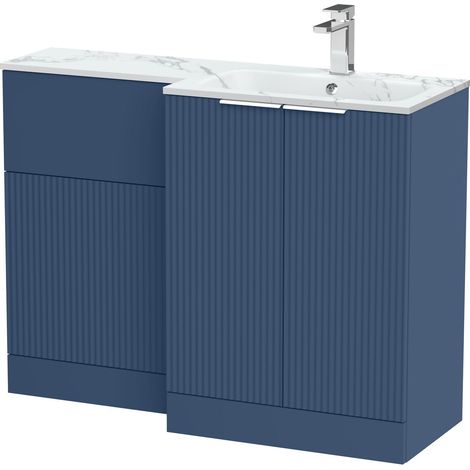 Tixall Contemporary Floor Standing 2 Door Vanity WC Combination Unit with Carrera Marble Stone Basin, Right Hand, 1100mm, Blue (1/4)