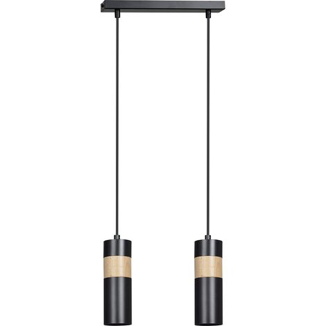 Lampadario 2 Luci Change In Acciaio Nero A Cilindro Con Legno Naturale (1/5)