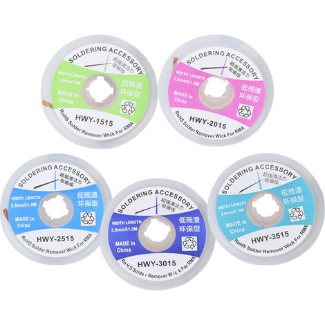 5 mèches à dessouder, tresse de fil, ventouse pour enlever la soudure, 1,5 m (1/5)