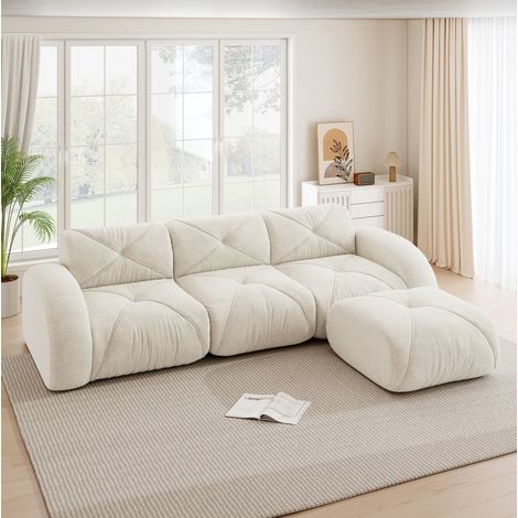 Sofá modular 3 plazas beige claro en chenilla sin montaje y con reposapiés (1/5)