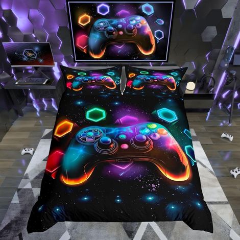 Housse de Couette 140x200 Garcon Gaming, Parure de Lit Gamer 1 Personne pour Enfant Adolescent, Sets de Housses de Couettes 3D Console de Jeu Moderne, avec 1 Taie d'oreiller 65x65 cm - 140x200cm + 1 T (1/5)