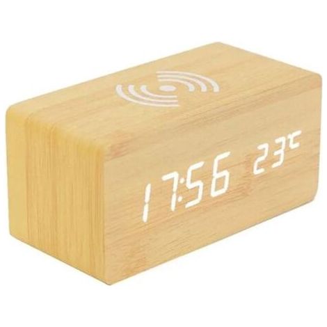Thermomètre Numérique Réveil Réveil Numérique Bois Réveil À Bois LED Digital avec Chargeur sans Fil, Réveil en Bois avec Chargeur À Induction Chargeur sans Fil pour Chambre/Bureau (1/4)