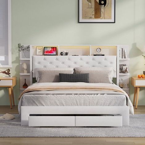 Letto Coffre 160x200 cm - USB e LED - Cassetti Silenziosi - Spazio di Stoccaggio Ottimizzato - Design Moderno Bianco