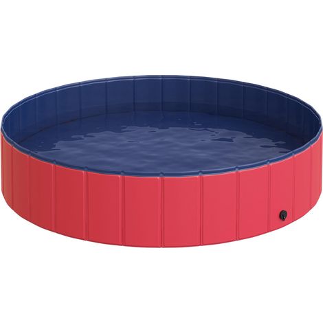 Baignoire pliable pour chien PawHut, piscine pour chien et chat, plastique et bois, rouge, Ø 140 x H 30 cm (1/5)