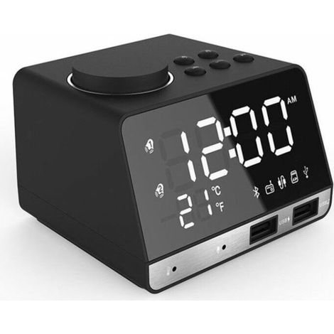 LED double réveil miroir horloge Radio enceinte pour salle de bain basse sans fil bluetooth + port USB + FM Noir noir