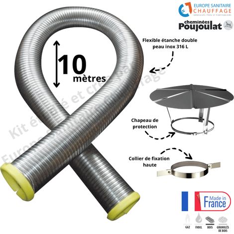 Poujoulat – Kit complet de fumisterie tubage flexible inox 100mm – Longueur 10 mètres – Collier de fixation haute – Chapeau de toit réglable