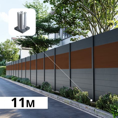 Kit Clôture Aluminium BAHIA & CRUZ ipé 11,03x1,8m - Bois Composite & Aluminium - Poteaux Gris - Brise Vue - Palissade