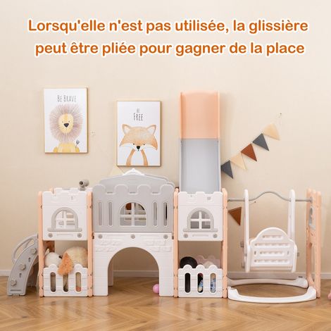 Ensemble de Balançoires et Toboggan 10 en 1 Ensemble de Jeux avec Panier de Basket Télescope Fenêtre Coulissante pour 1+ Ans Gris+Rose (1/5)