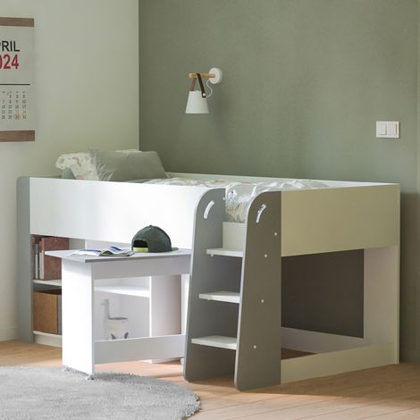 Lit enfant combiné 90x200 cm avec bureau sur roulettes et étagères