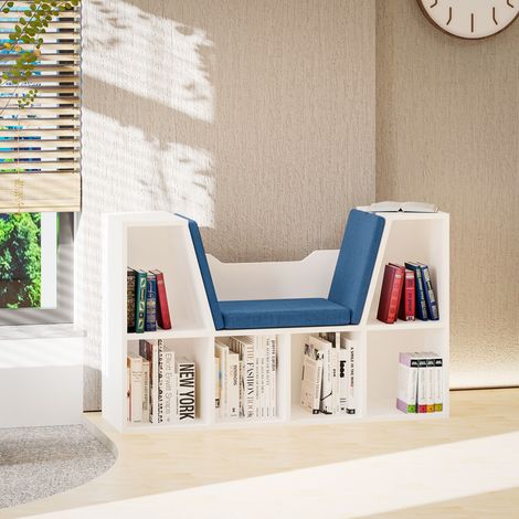 Bücherregal mit Sitzgelegenheit, Bücherregal mit 6 Fächern, Kissen für Wohnzimmer und Schlafzimmer, 102 x 30 x 61 cm, Weiß und Blau