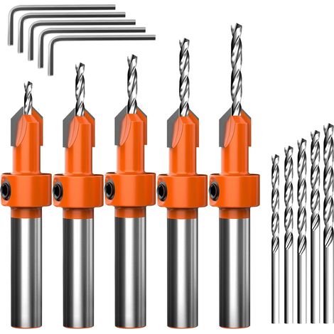 Jeu de 15 Foret Fraise Bois, 5 Forets à Fraiser en HSS Réglables (2.8/3/3.2/3.5/4mm), avec 5 Mèches Remplaçables 5 Clés Hexagonales, Countersink Drill Bit Set pour Chanfreinage et Perçage Précis