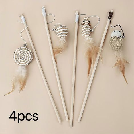 4-teiliges Katzenstab-Set aus Juteseil aus Holz, interaktives Langhand-Katzenspielzeug mit Glocke und künstlichen Federn – langlebiges, kaubeständiges Zahnen (1/5)